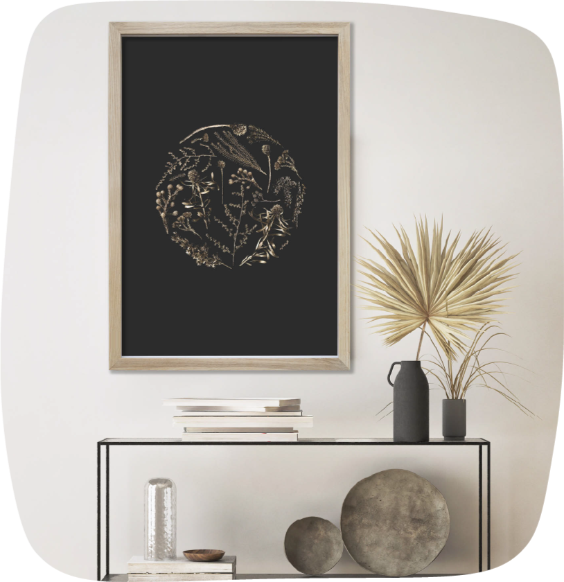 golden floral botanical fynbos on black, digital wall art, printable art, black and golde decor, UK, England, United Kingdom